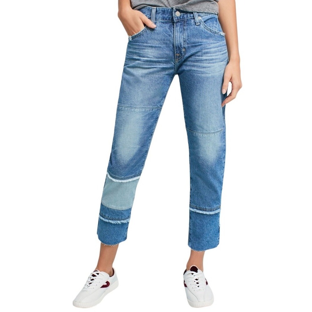 Anthropologie AG Ex-Boyfriend Jeans 25 Blue Slouchy Mid‎ Rise Patchwork Cropped